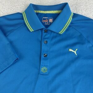 PUMA Golf‎ Polo Shirt Mens Large Dry Cell Stretch Blue Green Logo Back EUC